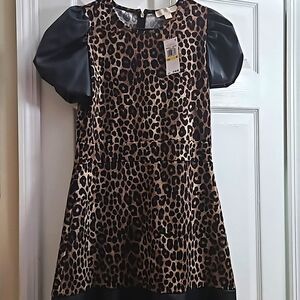 Michael Kors Women's Animal-Print Faux-Leather Trim Dress Dark Camel,